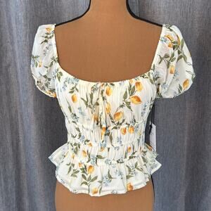 NWT Japa Lemon Print Smocked Peplum Top Puff Sleeve Small